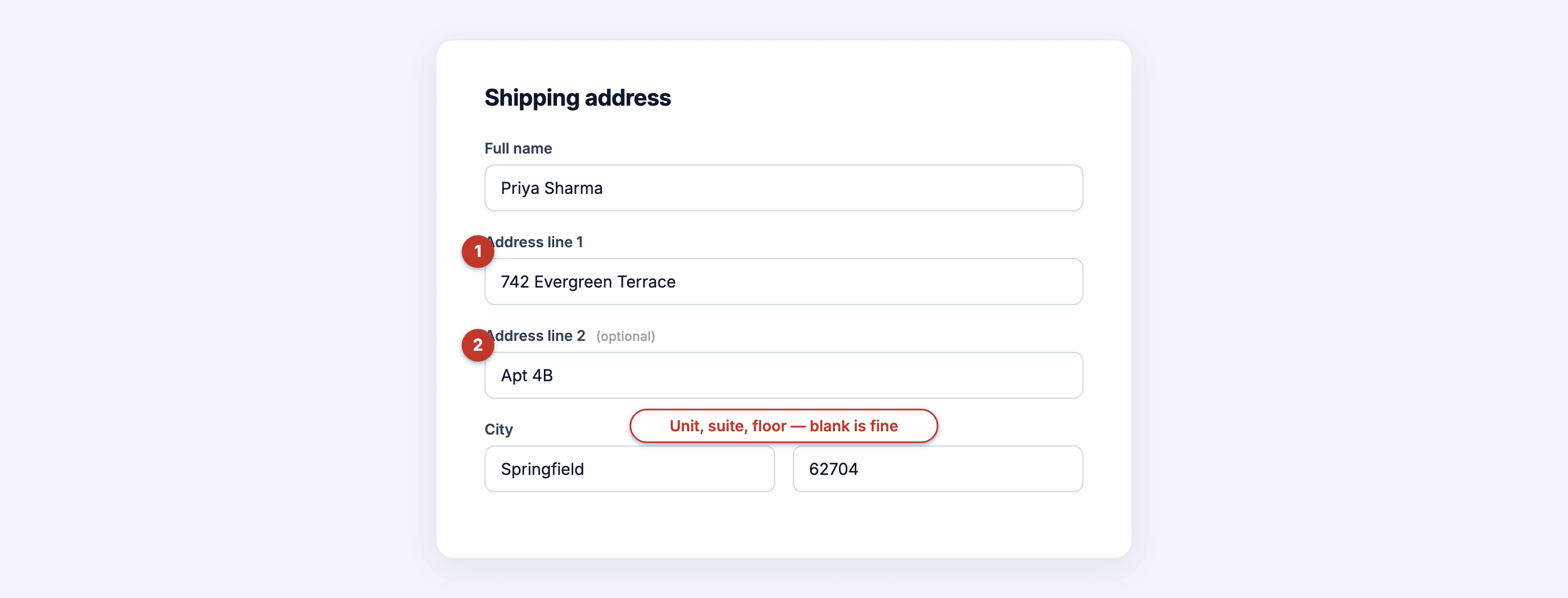 Checkout address form with Address line 1 and Address line 2 fields annotated to show what belongs in each