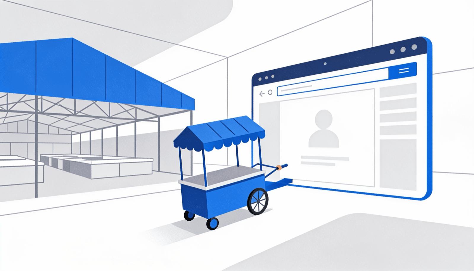 Illustration of moving a digital storefront from a hosted marketplace onto your own site