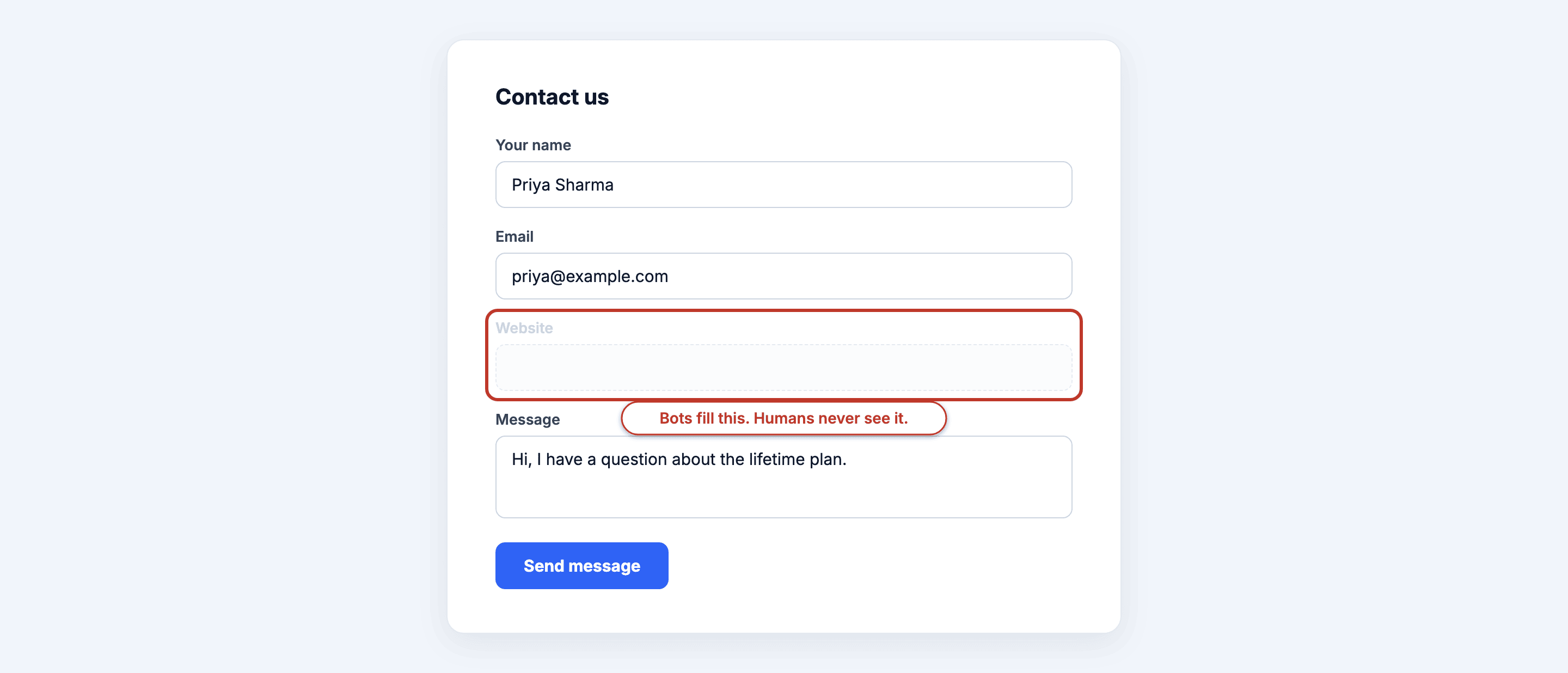 A contact form with its invisible honeypot field revealed and annotated