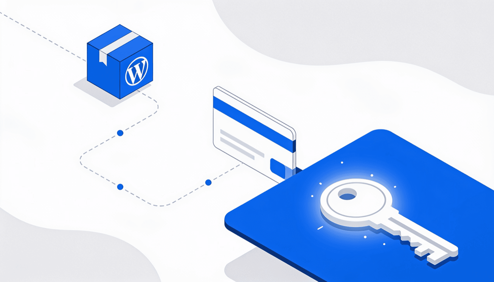 Illustration of a plugin package moving from a WordPress site through checkout to a license key