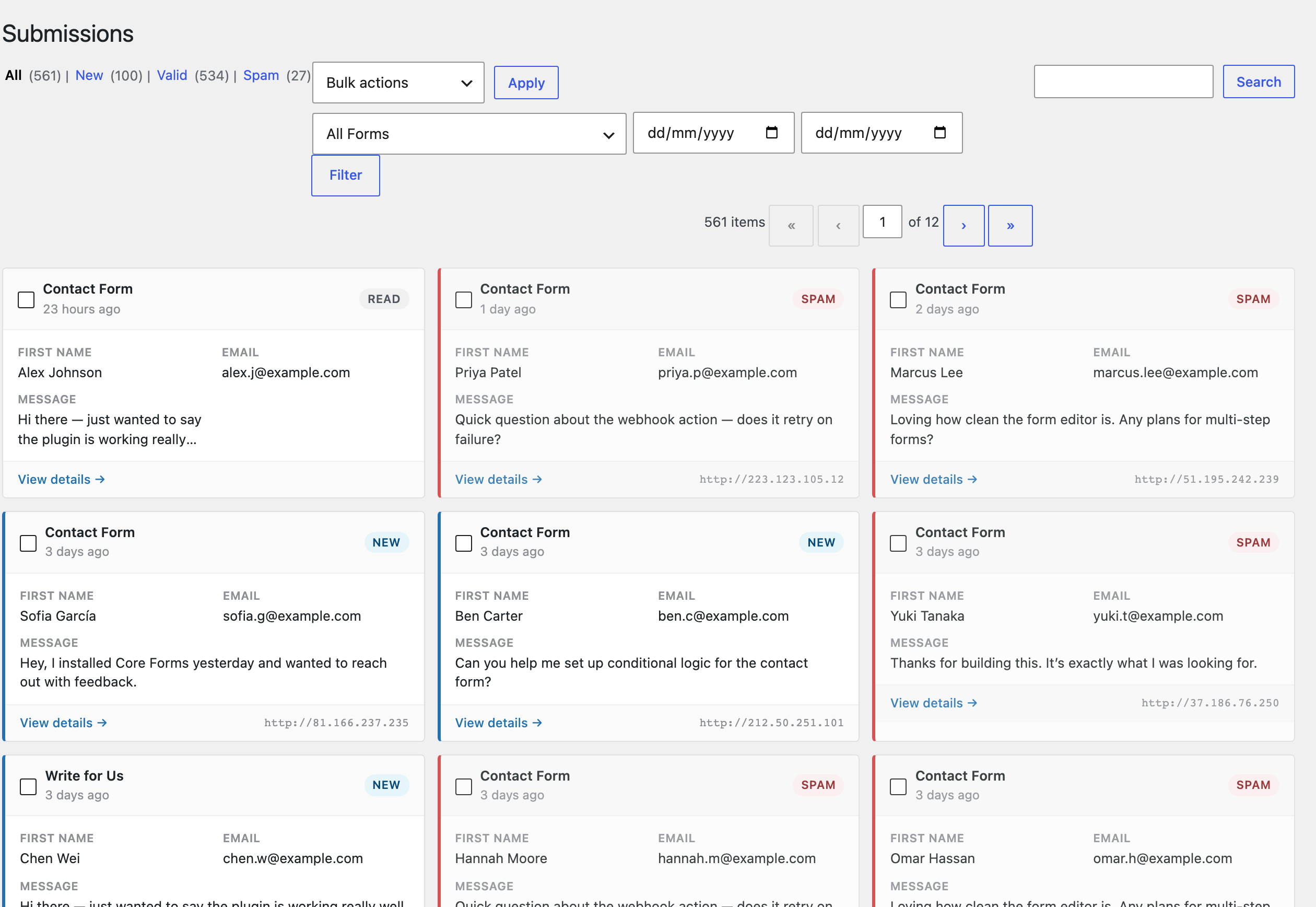 Core Forms submissions inbox listing