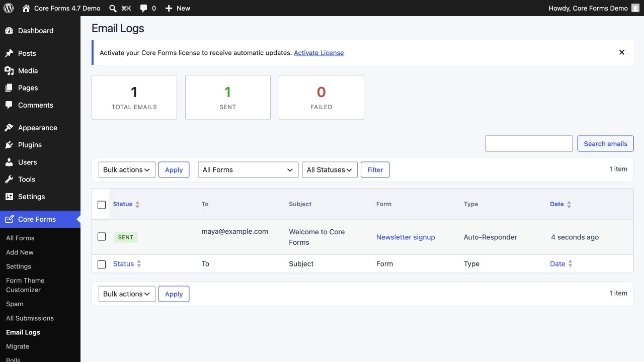 Core Forms email log with delivery state and retry controls