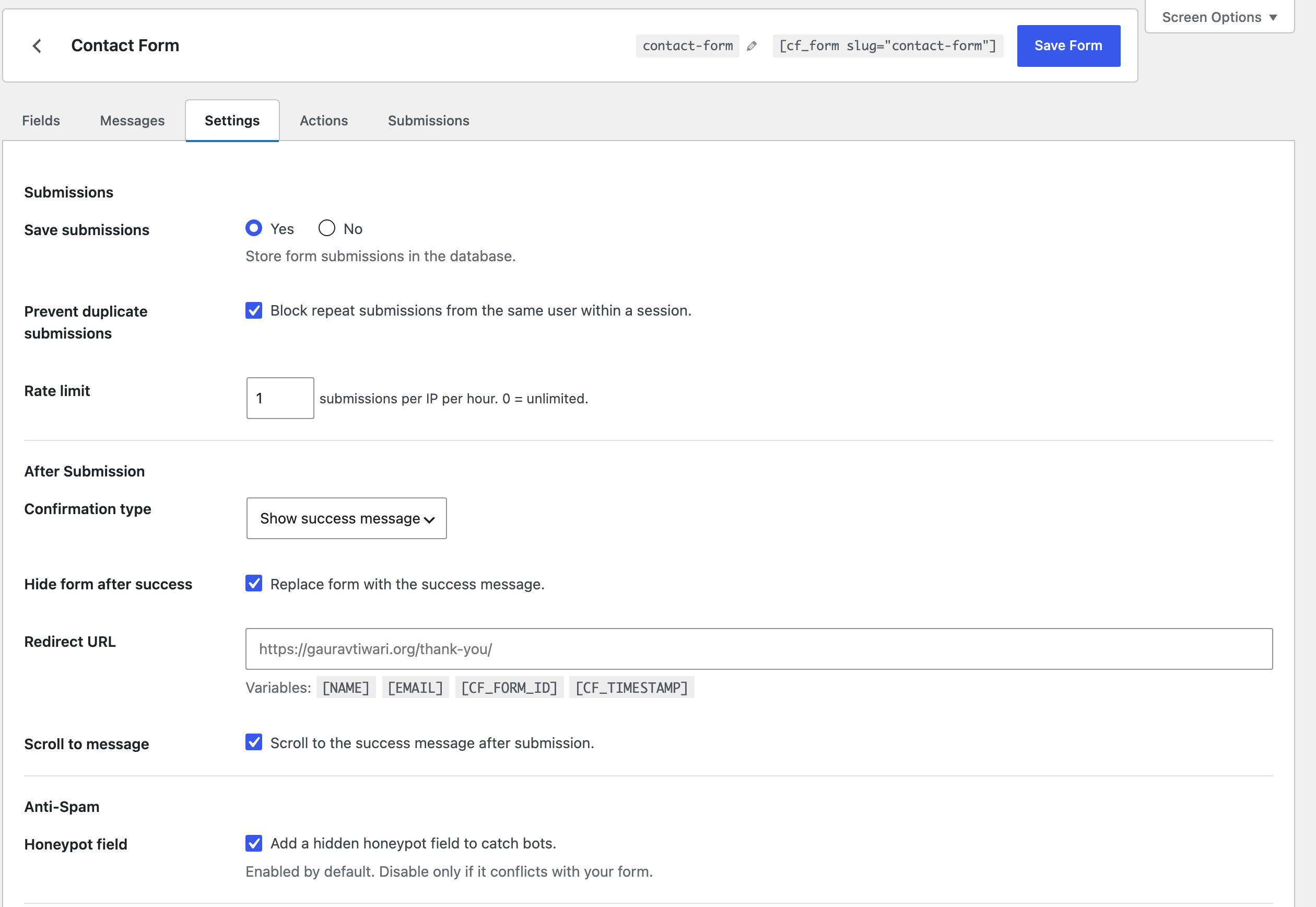 Core Forms per-form settings