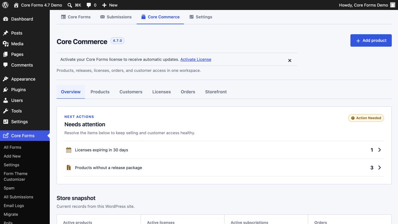Core Commerce overview with store totals and operational alerts