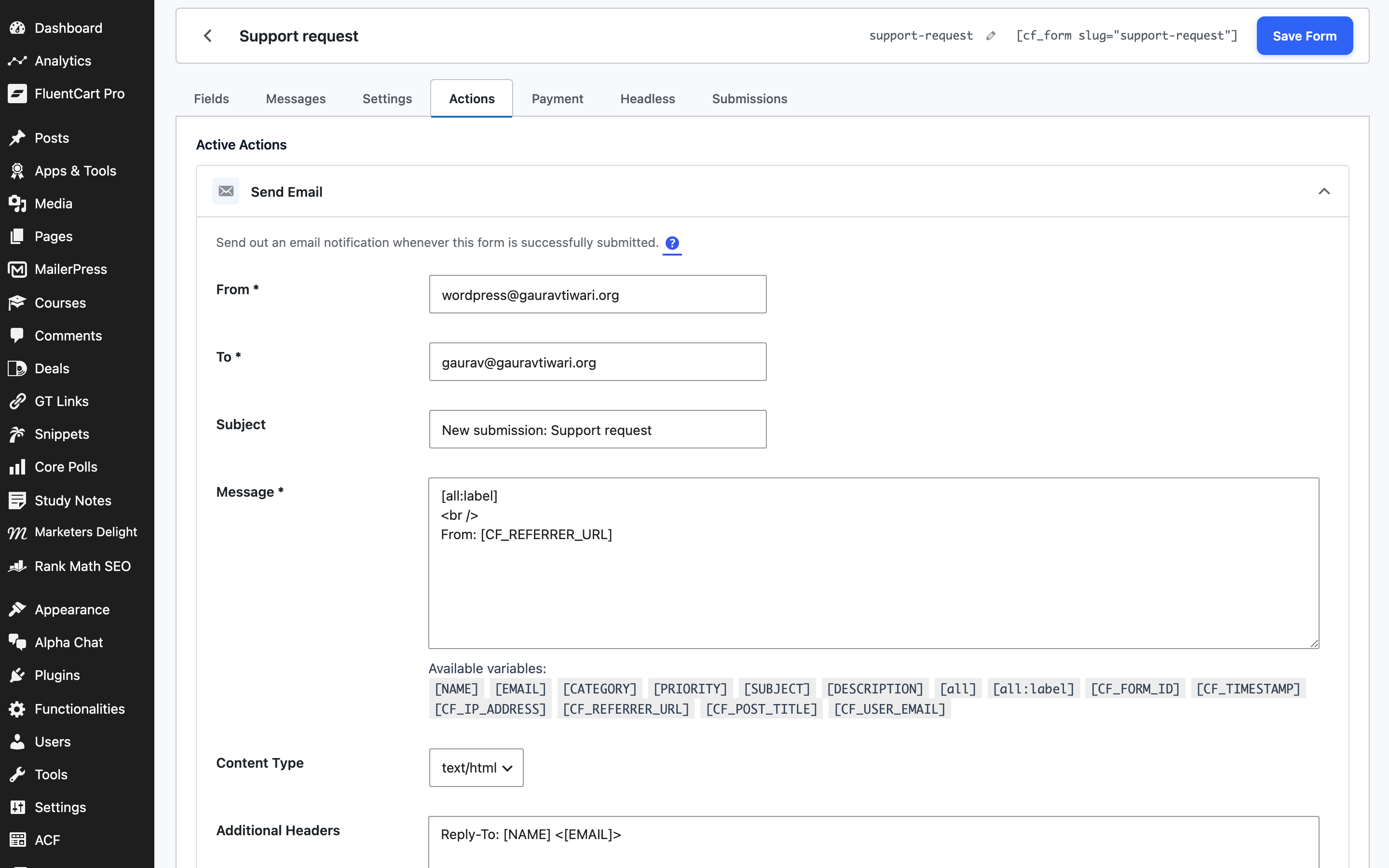 Actions tab with configured integrations