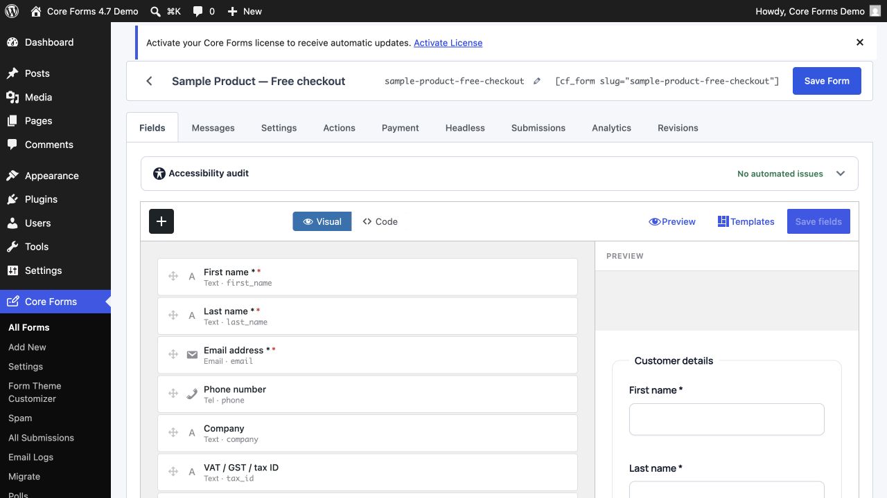 Core Forms visual field builder in the WordPress admin