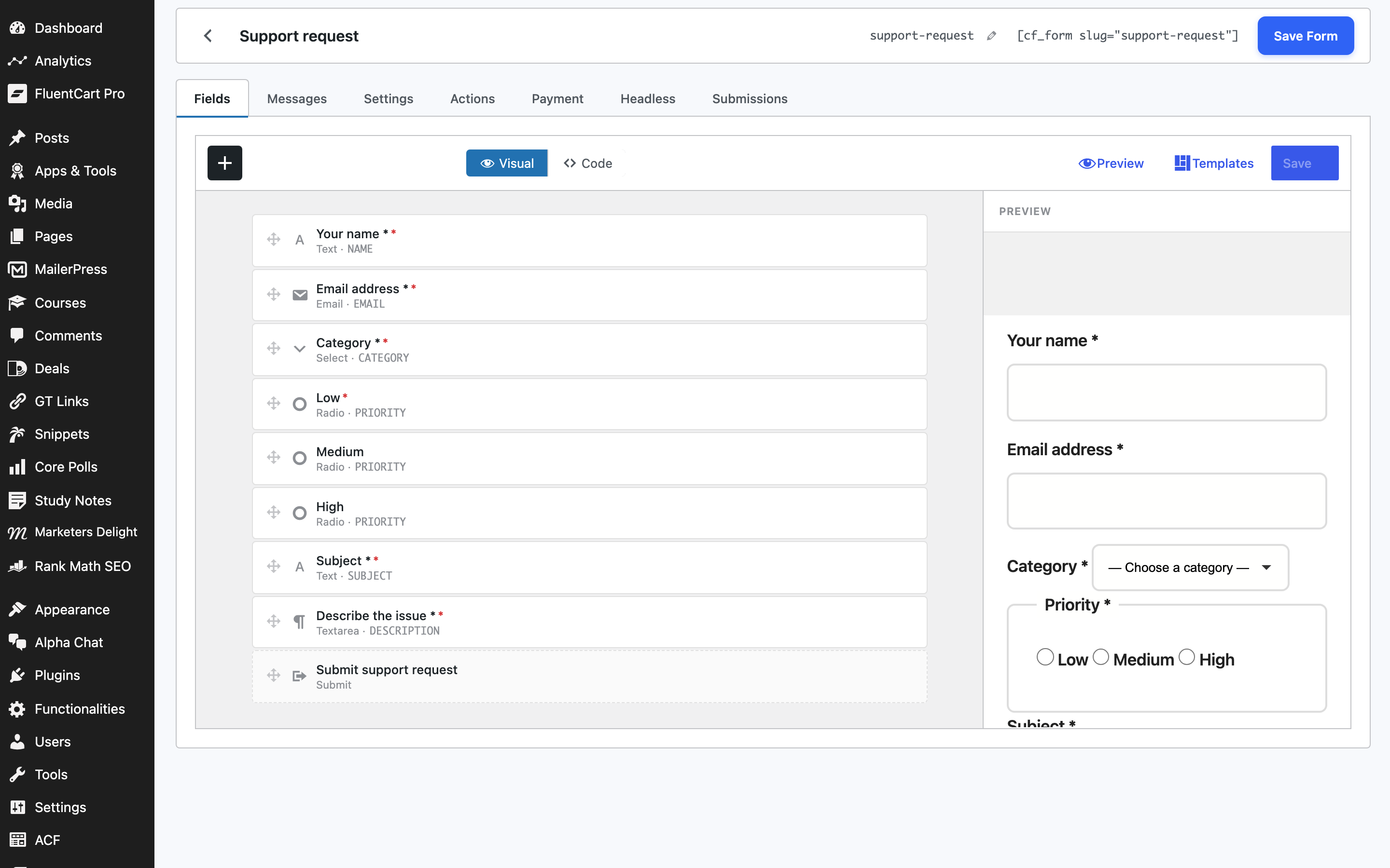 Core Forms visual field builder in the WordPress admin