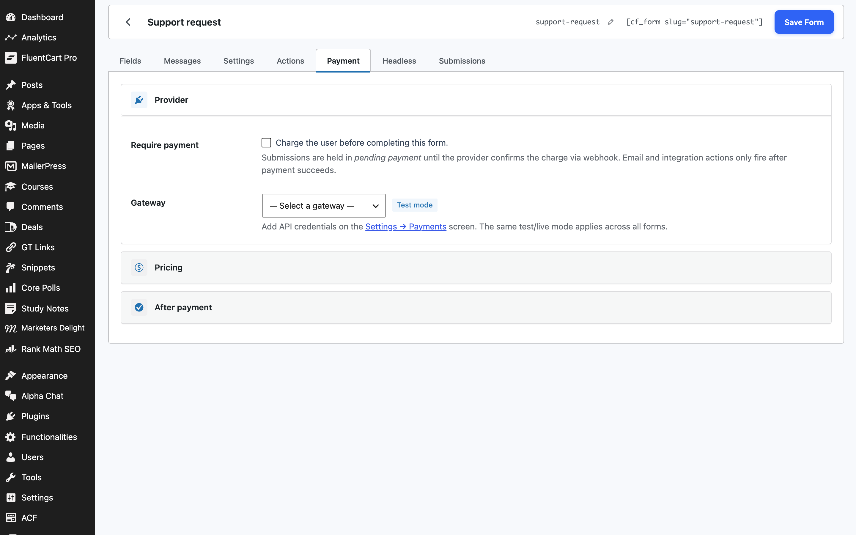 Per-form Payment tab with provider picker