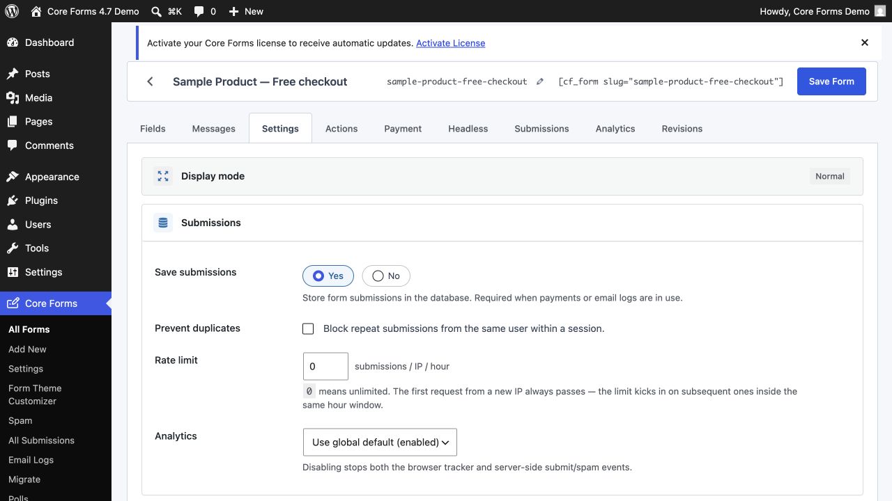 Per-form Settings tab with accordion sections