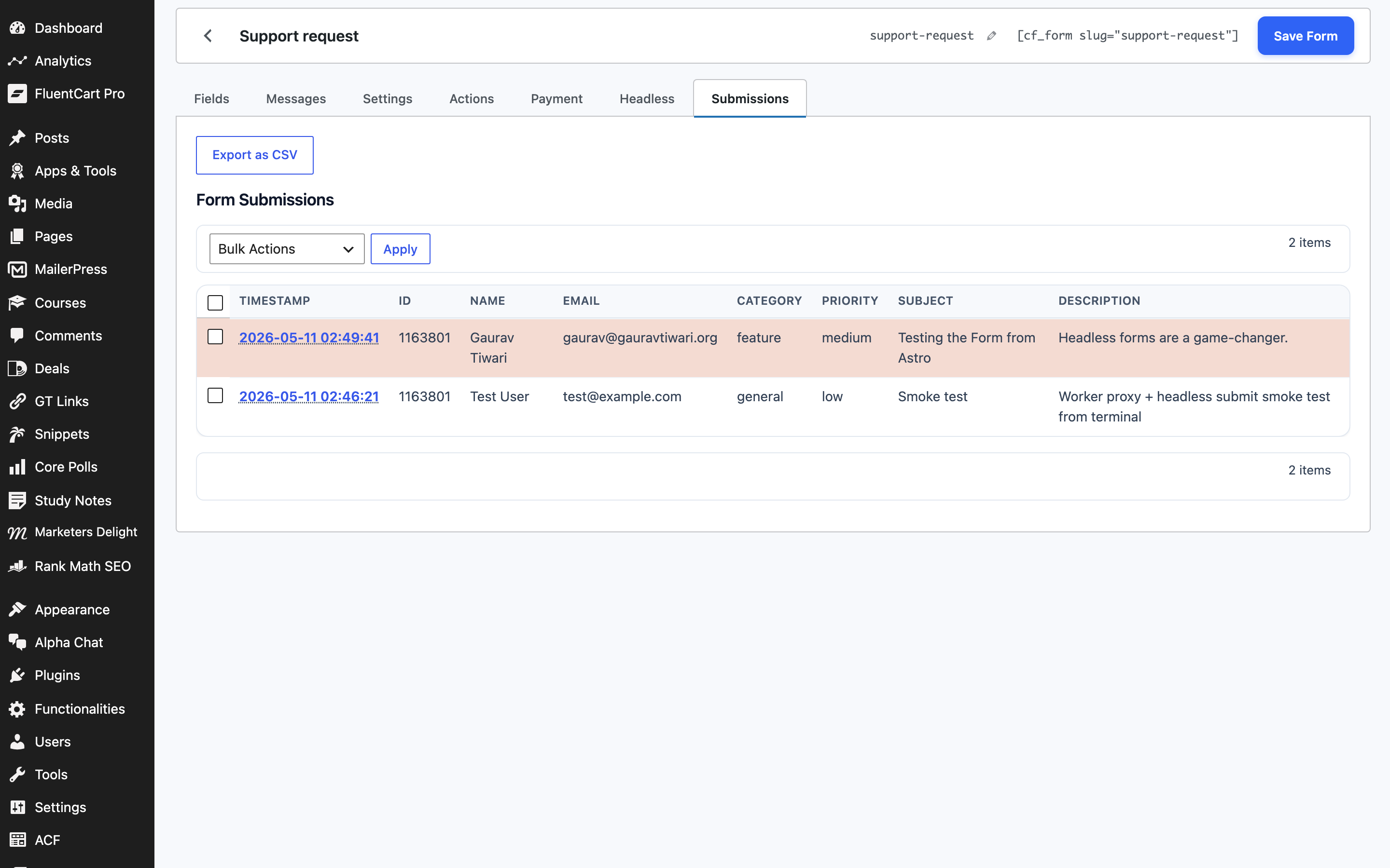 Per-form Submissions list with Inbox + Spam filters