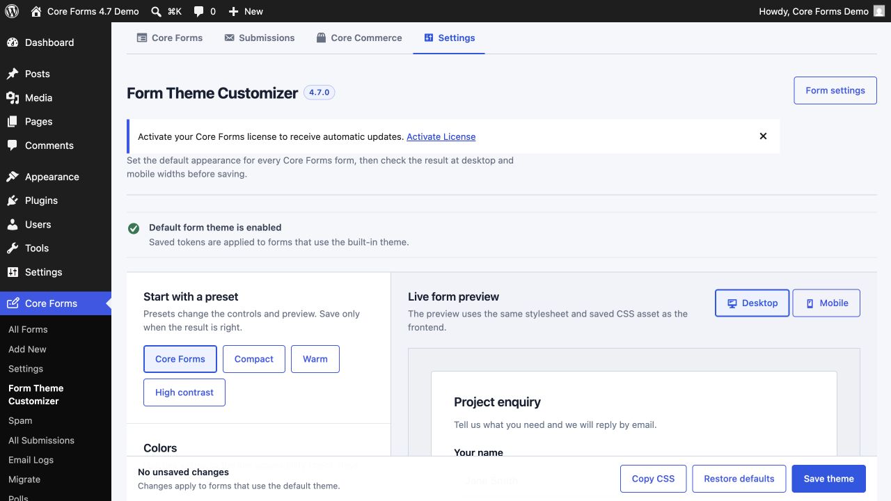 Core Forms Form Theme Customizer with live form preview